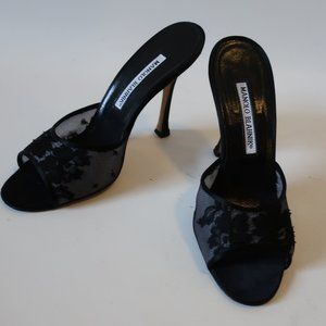 MANOLO BLAHNIK DIORALACE BLACK SATIN HEELS 6.5 *